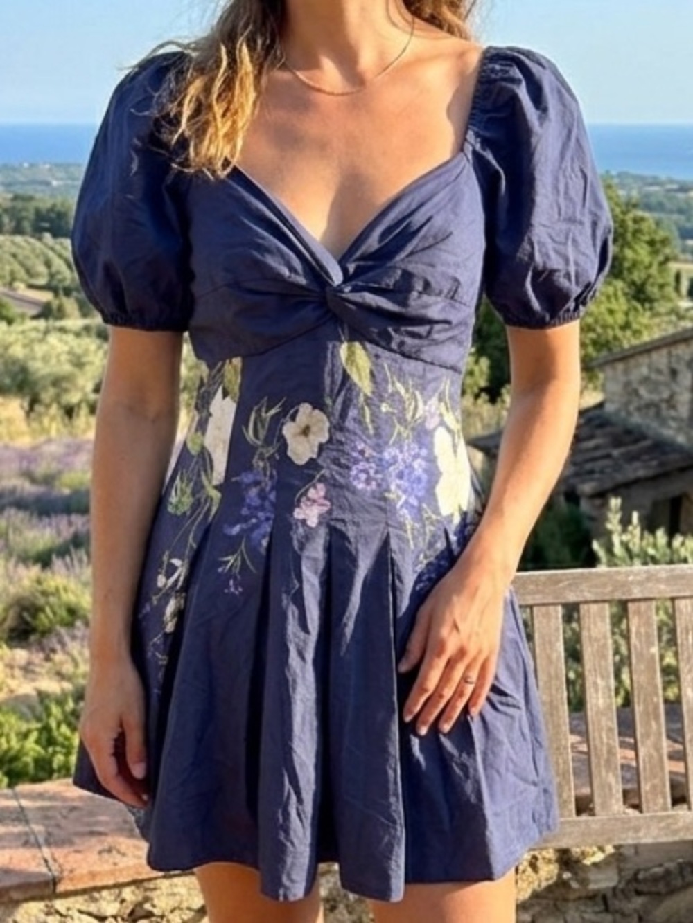 NWOT Express Blue Floral Cotton Puff Sleeve Mini Dress M Boho Festival Coquette